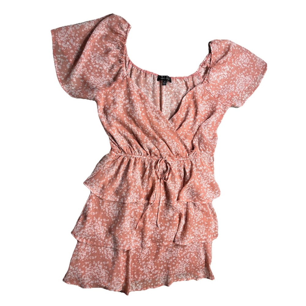 Trixxi Dress Womens Large Pink Floral Ruffle Wrap Tiered Boho Mini Spring Summer